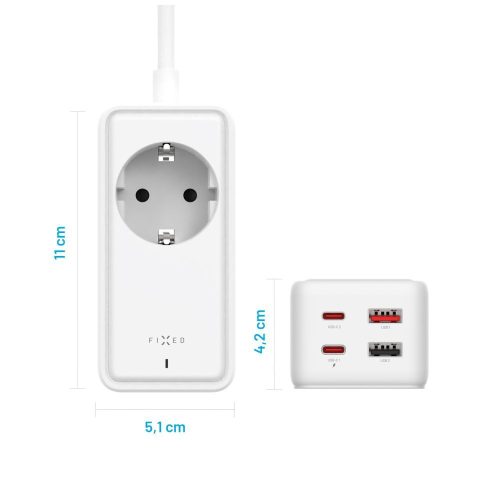 FIXED hálózati USB töltő, GaN III technológia, kimenetetk: 2 * USB-A QC3.0, 2 * USB-C PD3.0 65W , 1*220V, 3m kábel, fehér
