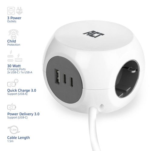 ACT Power Strip Cube F Socket Hálózati Elosztó 3DIN 1,5m White
