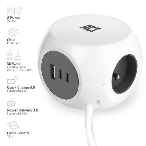 ACT Power Strip Cube E Socket Hálózati Elosztó 3DIN 1,5m White