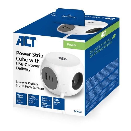 ACT Power Strip Cube E Socket Hálózati Elosztó 3DIN 1,5m White