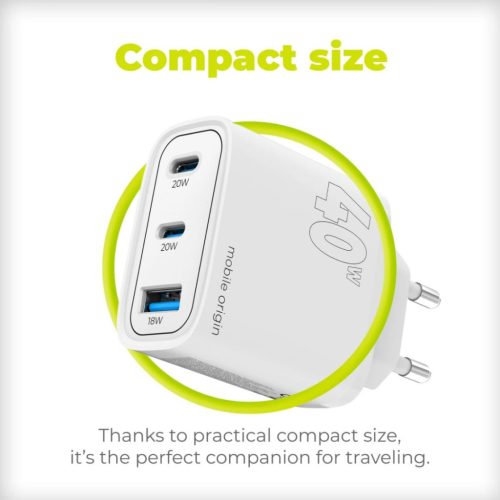 Mobile Origin GaN 40W Wall Charger MO13, 1 USB-A + 2 USB-C