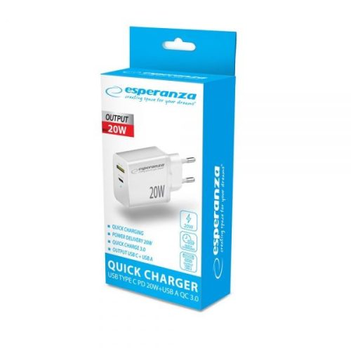 Esperanza Quich Power Charger 20W USB-C PD 20W / USB-A QC 3.0 18W White