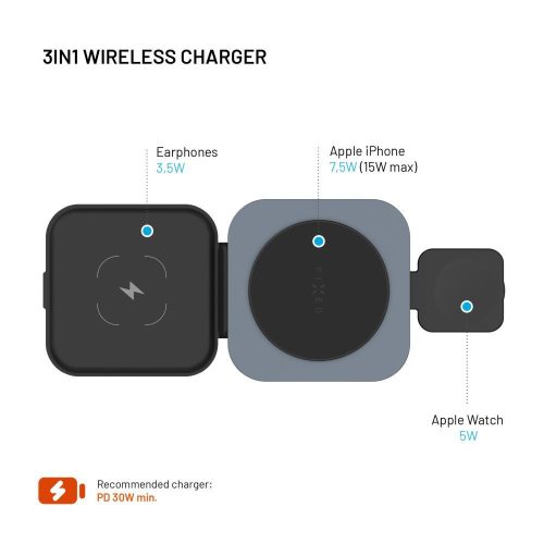 FIXED MagFlex vezeték nélküli töltő, 3 eszköz egyidejű töltése, MagSafe támogatás, szürke