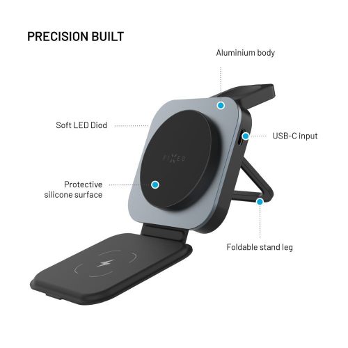 FIXED MagFlex vezeték nélküli töltő, 3 eszköz egyidejű töltése, MagSafe támogatás, szürke