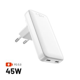   FIXED Slim Traveller 2xUSB-C utazási töltő világadapter GaN 45W, fehér