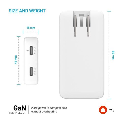 FIXED Slim Traveller 2xUSB-C utazási töltő világadapter GaN 45W, fehér