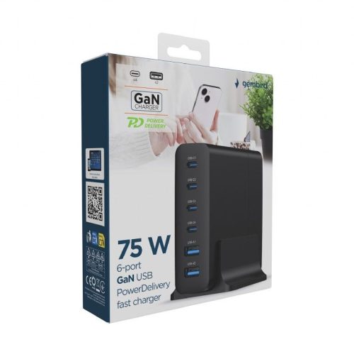 Gembird 6-port 75W GaN USB fast charger Black
