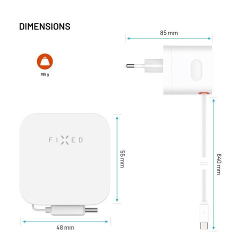 FIXED 2xUSB-C töltő visszahúzható kábellel, GaN PD 3.0 támogatással, 65W, fehér