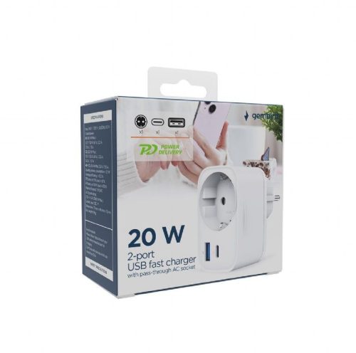Gembird TA-ACPDQC20-01-W 2-port USB fast charger with pass-through AC socket 20W White