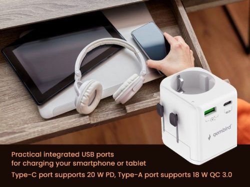 Gembird Grounded universal travel power adapter 20W White