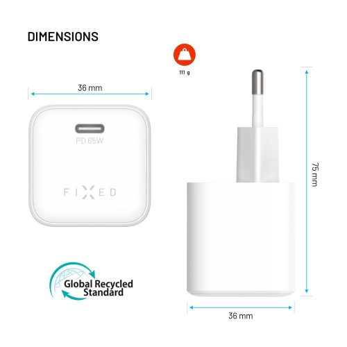 FIXED mini USB-C GaN töltő 65W fehér