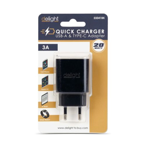 Delight USB Type-C + USB A PD20W Fast charger Black