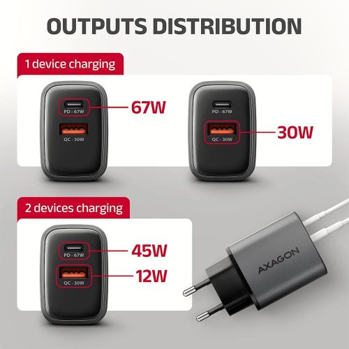 AXAGON ACU-PQ67 PD3.0 & QC4+ 2xOUTPUTS wall charger 67W Black