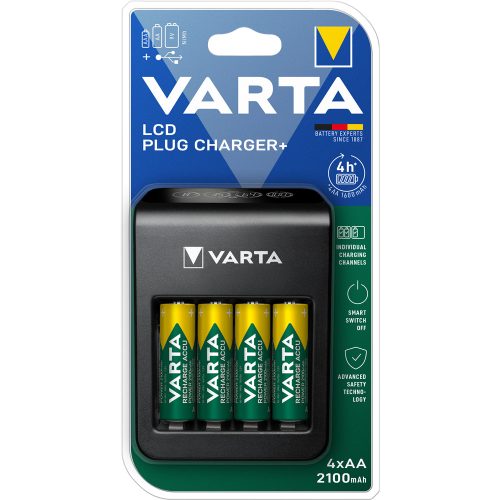 Elemtöltő, akku LCD Plug töltő + 4 db AA 2100 mAH Varta 