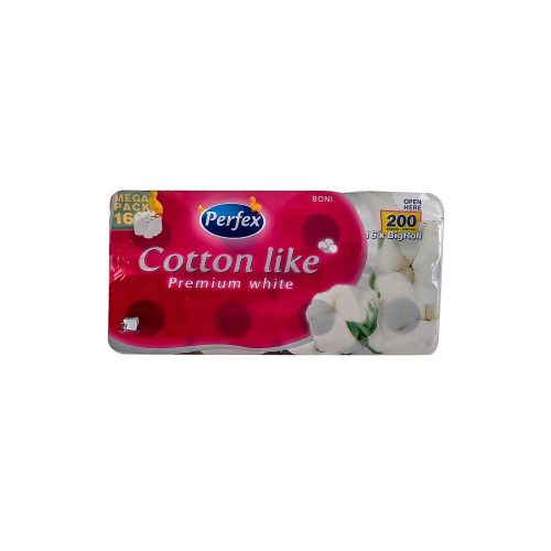 Toalettpapír 3 rétegű kistekercses 100% cellulóz 200 lap/16 tekercs/csomag Premium Cotton Like Boni Perfex hófehér