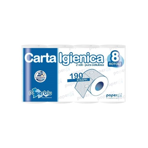 Toalettpapír 2 rétegű kistekercses 100%cellulóz 190 lap/19,95 m/tekercs 8 tekercs/csomag Paperblu Carta Igienica_Paperdi