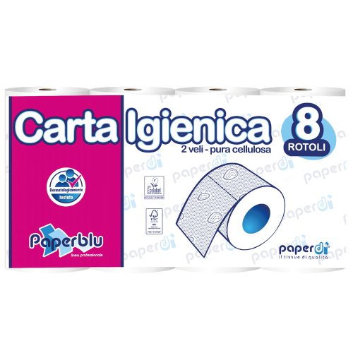 Toalettpapír 2 rétegű kistekercses 100% cellulóz 150 lap/tekercs 8 tekercs/csomag Paperblu Carta Igienica_Paperdi
