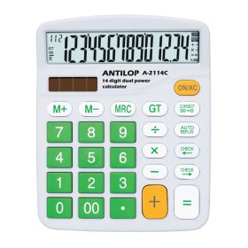   Számológép asztali 14 számjegy nagy, döntött kijelző zöld gombok fehér száml, ap Antilop A-2114C