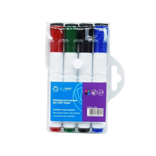 Táblamarker készlet, 3mm, mágneses, törlővel multifunkciós kerek Bluering®, 4 klf. szín
