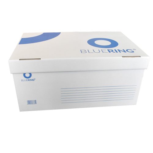 Archiváló konténer karton doboz fedeles 54x36x25cm, felfelé nyíló tetővel Bluering® fehér-kék