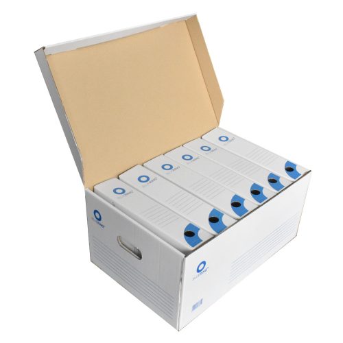 Archiváló konténer karton doboz fedeles 54x36x25cm, felfelé nyíló tetővel Bluering® fehér-kék